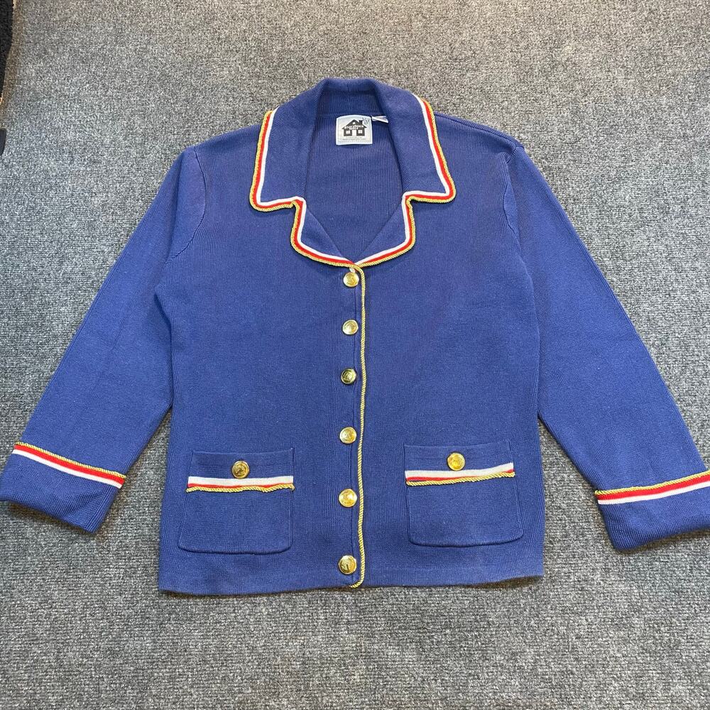 Vintage Storybook Knits Womens Large Nautical Blue Cardigan Sweater Gold Accents